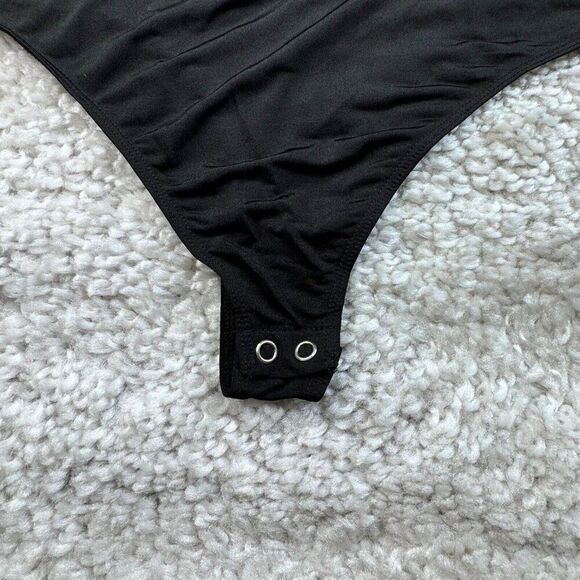 Express Black Satin Draped V-Neck Faux Wrap Thong Bodysuit NEW - Picture 8 of 10